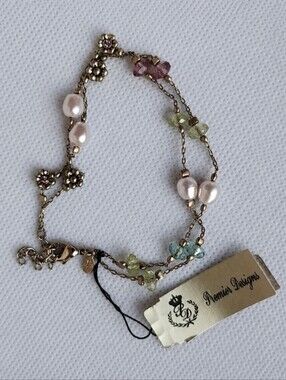 Premier Designs Brand Dual Chain Bracelet Gold Tone Glass Pearls Pink Green NWT